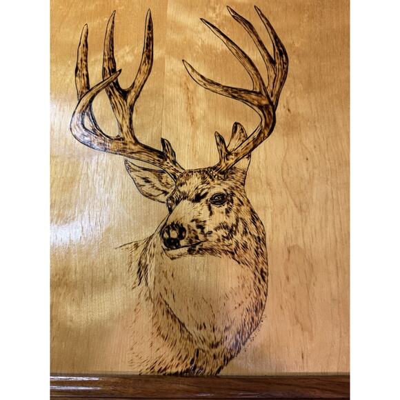 Vintage Wood Burning Deer Buck Rustic Wood Gallery Art Cabin Pyrography 20x18 - Picture 6 of 6